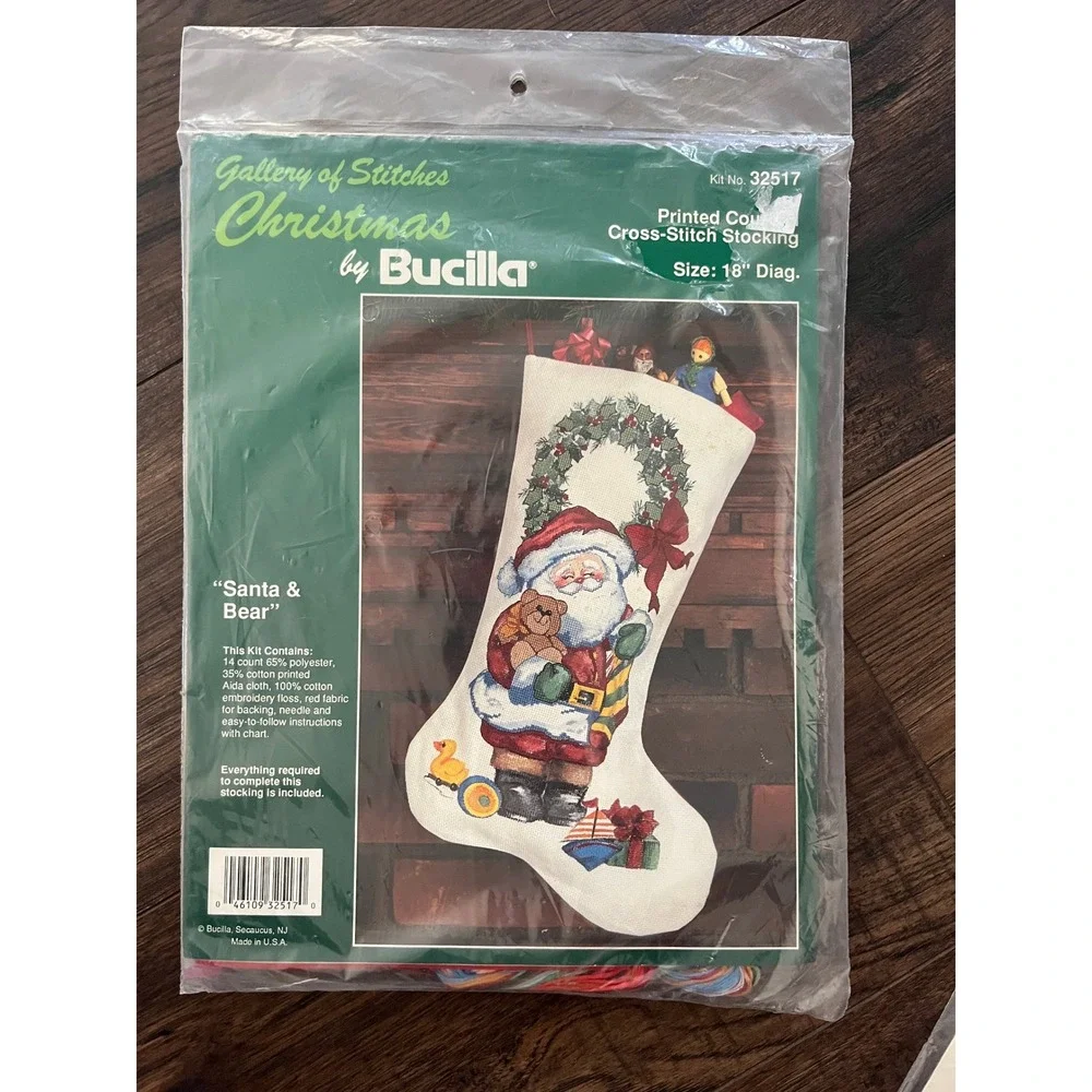Bucilla Santa & Bear Christmas Stocking Kit 32517 Printed Counted Cross Stitch